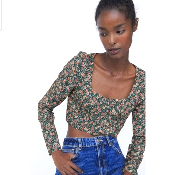 ZARA Floral Bustier Long Sleeve Crop Top. Size XS - Picture 2 of 14
